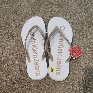 Calvin Klein White Flip Flops with Gold Straps